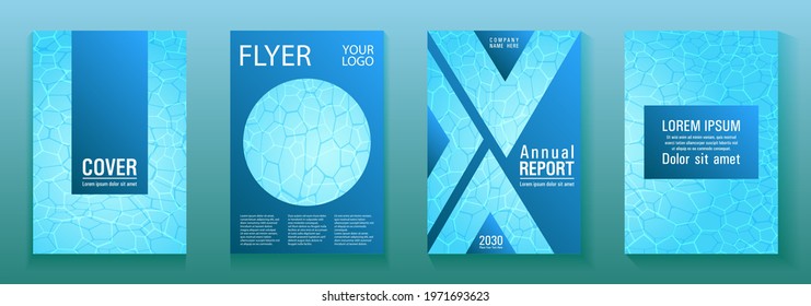 World Oceans Day brochure cover templates vector set. Earth Day flyers with clean ocean water caustics ripple pattern. Banner, cover, poster, flyer layouts. Blue wavy ripple background texture.