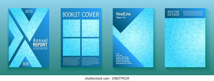World Oceans Day brochure cover templates vector set. Earth Day flyers with clean sea water caustics ripple pattern. Report cover, banner, poster, flyer layouts. Blue wavy ripple background texture.