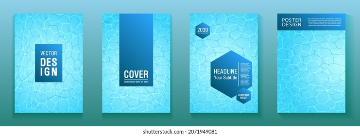 World Oceans Day brochure cover templates vector set. Earth Day flyers with clean sea water caustics ripple pattern. Report cover, banner, poster, flyer layouts. Sea green wavy ripple background.