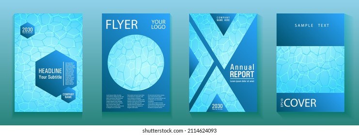 World Oceans Day brochure cover templates vector set. Earth Day flyers with clean sea water caustics ripple pattern. Report cover, banner, poster, flyer layouts. Sea green wavy ripple background.