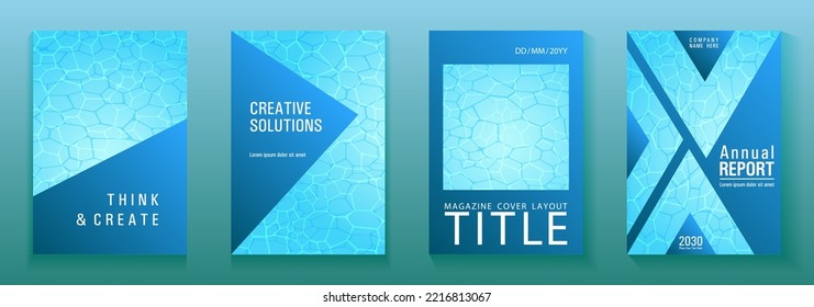 World Oceans Day brochure cover templates vector set. Earth Day flyers with clean sea water caustics ripple pattern. Report cover, poster, flyer layouts. Teal blue wavy ripple background.