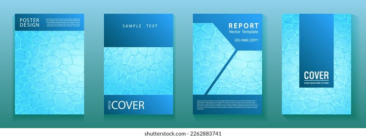 World Oceans Day brochure cover templates vector set. Ecological booklets with clean sea water caustics ripple pattern. Report cover, poster, banner layouts. Cyan wavy ripple background texture.