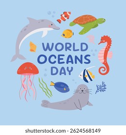 World oceans day cards with underwater Scene .Happy Oceans day concept for poster,banner,template, social media,greeting cards.Vector illustration cartoon flat style