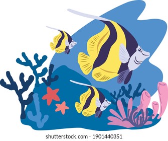 World Oceans Day. The celebration dedicated to help protect, and conserve world oceans, water, ecosystem. Vector images sea waves, fish and plant