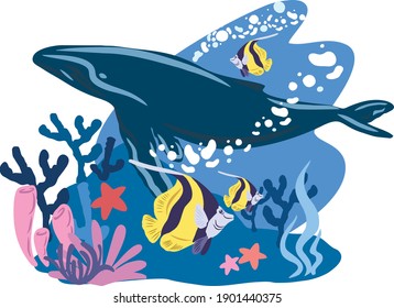 World Oceans Day. The celebration dedicated to help protect, and conserve world oceans, water, ecosystem. Vector images sea waves, fish and plant, whale