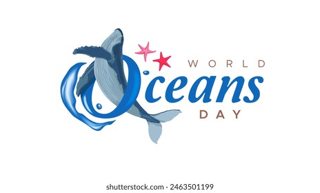 world oceans day celebration template design. Happy World Oceans Day, June 8. Accompanied by a vector illustration of a blue whale. The concept of increasing public interest in marine protection