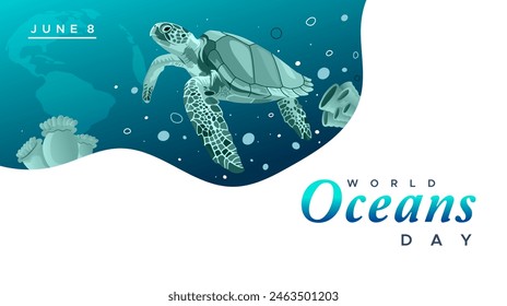 world oceans day celebration template design. Happy World Oceans Day, June 8. Accompanied by a vector illustration of a sea turtle. The concept of increasing public interest in marine protection