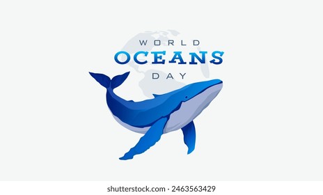 world oceans day celebration template design. Happy World Oceans Day, June 8. Accompanied by a vector illustration of a blue whale. The concept of increasing public interest in marine protection
