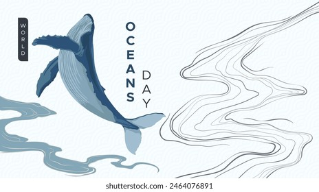 world oceans day celebration template design. Happy World Oceans Day, June 8. Accompanied by a vector illustration of a blue whale. The concept of increasing public interest in marine protection