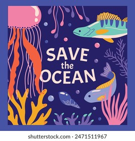 World oceans day colorful cartoon underwater vector with exotic animals, plants: fish, seaweed, jelly, algae, coral, jellyfish. Different marine creatures. Save the sea design concept for social media