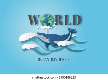 World oceans day concept, the blue whale splashing water. Help to protect animals and the environment, paper illustration, and 3d paper.