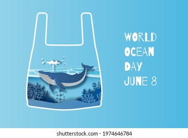 World oceans day concept, the blue whale in a plastic bag. Help to protect animals and the environment, paper illustration, and 3d paper.