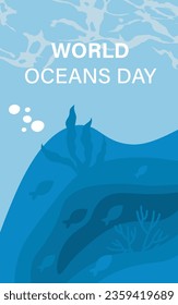 World oceans day concept. Care about nature and environment, ecology. Pure aqua and H2O. International holiday and festival. Poster or banner. Cartoon flat vector illustration