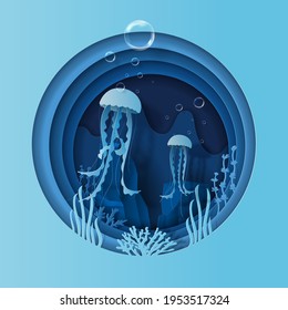 World oceans day concept, couple of jellyfish swimming. Help to protect animals and the environment, paper illustration, and 3d paper.