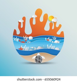 World oceans day concept design with ecosystem and environment concept in paper art style.Vector illustration.