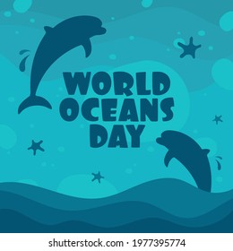 World oceans day concept with dolphin silhouette that appears above the sea. Vector illustration design.