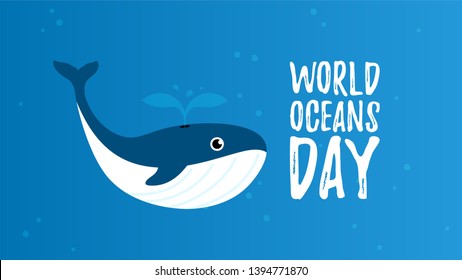 World oceans day concept. Horizontal design for web banners, posters, cards. Vector illustration with a whale in flat style.