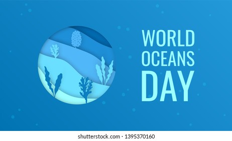 World oceans day concept. Horizontal design for web banners, posters, cards. Vector template in paper cut style.