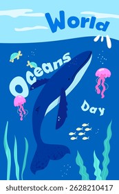World Oceans Day concept with humpback whale illustration