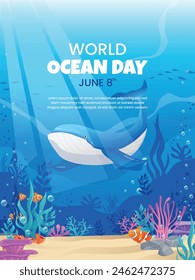 ilustración del concepto del día mundial de los océanos, diseño del día mundial de los océanos con el mar submarino, tiburones, corales, plantas marinas, mantarrayas y tortugas sobre un fondo azul.