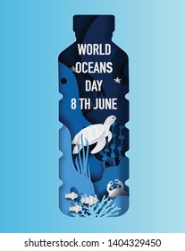 World oceans day concept, many sea creatures underwater, help to protect animal and environment, paper art and craft style, flat-style vector illustration.