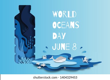 World oceans day concept, many sea creatures underwater, help to protect animal and environment, paper art and craft style, flat-style vector illustration.