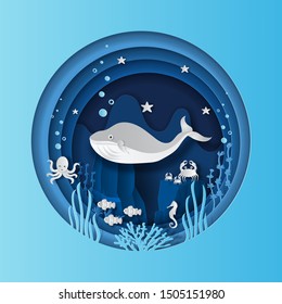 World oceans day concept, many sea creatures underwater, help to protect animal and environment, paper art and craft style, flat-style vector illustration.