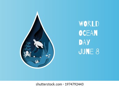 World oceans day concept, many sea creatures underwater, help to protect animal and environment.