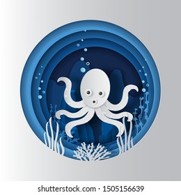 World oceans day concept, octopus underwater, help to protect animal and environment, paper art and craft style, flat-style vector illustration.