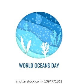 World oceans day concept. Square design for web banners, posters, cards. Vector template in paper cut style.