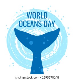 World oceans day concept. Square design for web banners, posters, cards. Vector illustration with a whale's tail in flat style.