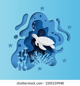 World oceans day concept, turtle underwater with many beautiful coral, help to protect animal and environment, paper art and craft style, flat-style vector illustration.