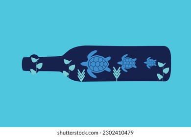 World oceans day concept, the Turtles in a bottle of water. Help to protect animals and the environment. Vector illustration