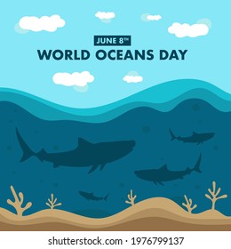 World oceans day concept with underwater ocean and shark silhouette vector illustration design.