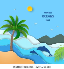 World oceans day concept with view of blue sea on paper cut and craft style,vector illustration