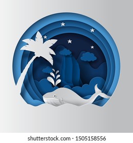 World oceans day concept, whale in the ocean with trees and mountain, help to protect animal and environment, paper art and craft style, flat-style vector illustration.