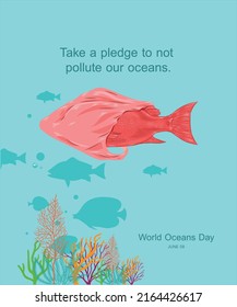 World oceans day creative concept with illustration of a trapped fish in a plastic cover.