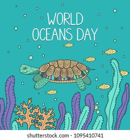 World Oceans Day. Cute turtle and fish in the ocean. Underwater world vector illustration