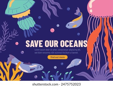 World Oceans Day design concept for web page, landing, banner template. Save the sea, planet ecological vector illustration with underwater fishes, coral reefs, marine creatures, seaweeds, jellyfish