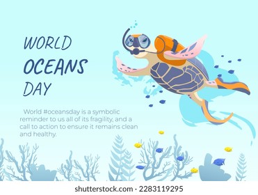 World oceans day design. Illustration with turtle scuba diver vector graphic for greeting card, background, invitation, cover, flat, holiday, ocean.