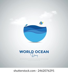 World oceans day design with papercut effect concept background. greeting card, poster, banner. vector illustration.