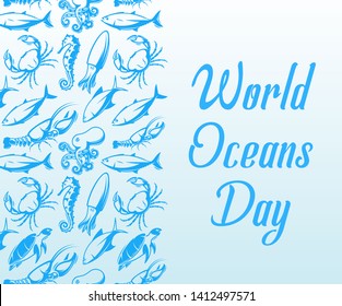 World Oceans Day design template. Ocean health protect poster. Nature care banner. Environment planet Isolated vector illustration.