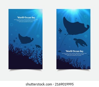 World oceans day design template stories with sunlight, stingray, school fish and turtle. Oceans day design