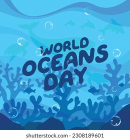 plantilla de diseño del día mundial de los océanos para celebración. diseño vectorial de los días del océano. ilustración oceánica con ballena de tortuga de pescado y delfín.