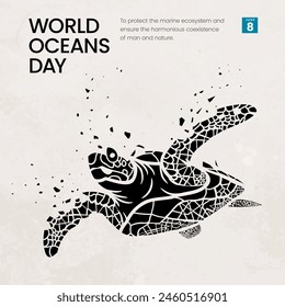World Oceans Day design template with a broken turtle silhouette