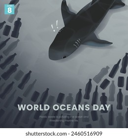 World Oceans Day design template with sharks and Marine litter