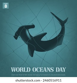 World Oceans Day design template with a shark caught in a fishing net