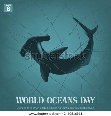 World Oceans Day design template with a shark caught in a fishing net