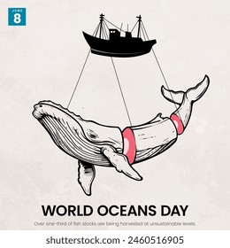 World Oceans Day design templates with whalers and whales