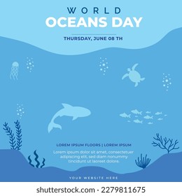 World oceans day design with underwater ocean, dolphin, shark, coral vector illustration. Let's save our oceans.